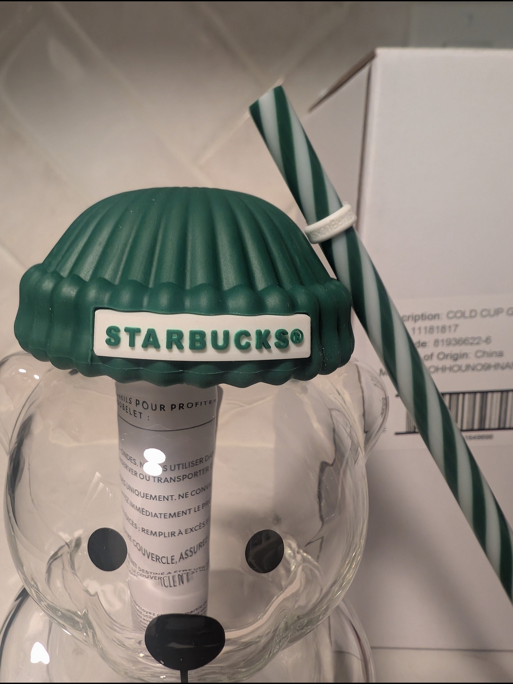 Starbucks Teddy Bear Bearista Barista Green Hat Glass Cold Cup 20oz USA Limited - Picture 3 of 8